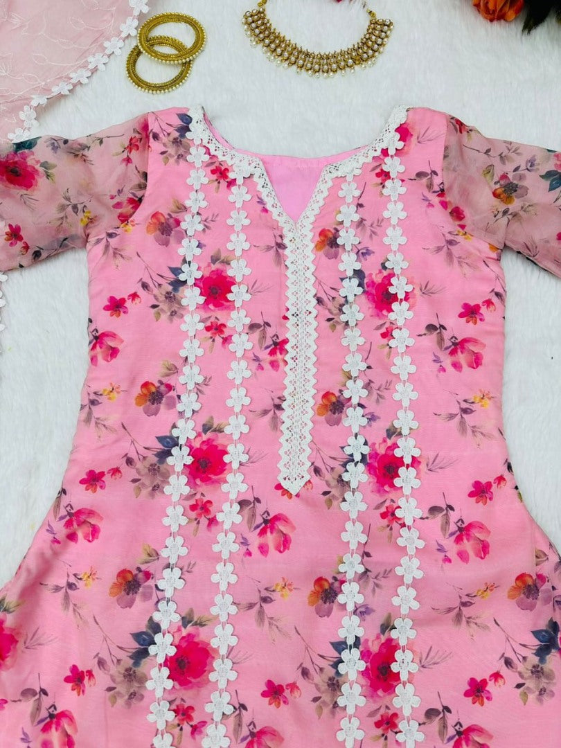 Baby pink organza print and thread work pant salwar suit