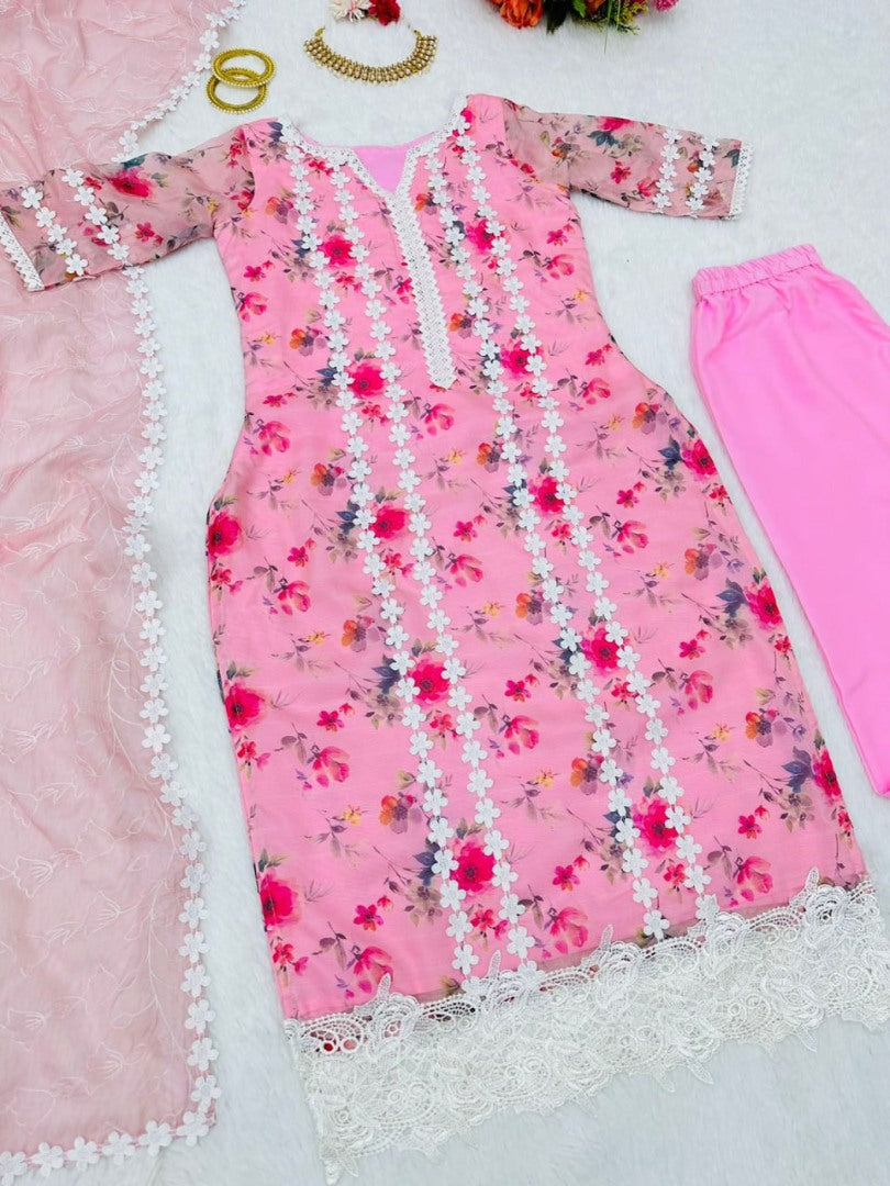 Baby pink organza print and thread work pant salwar suit