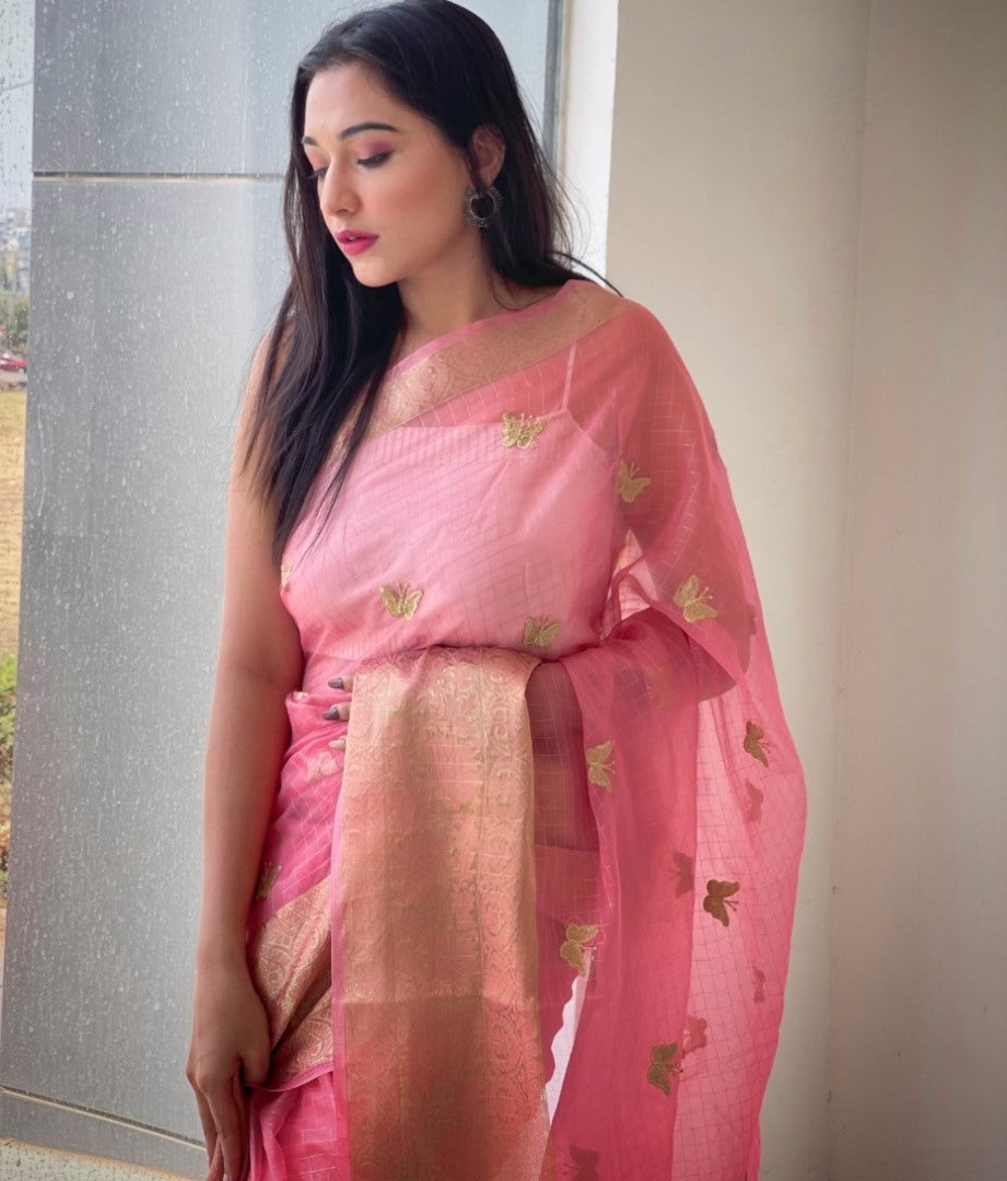 Baby pink organza sequence embroidered designer party wear saree