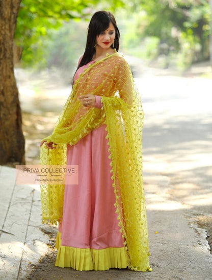 Baby pink rayon cotton festive gown with dupatta
