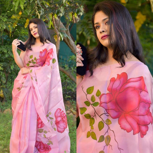 Baby pink rose flower printed organza saree