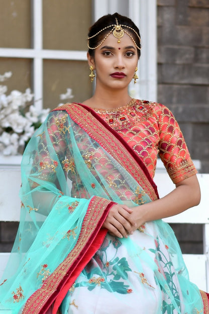 Baby pink silk designer sequence worked digital printed bridal lehenga choli
