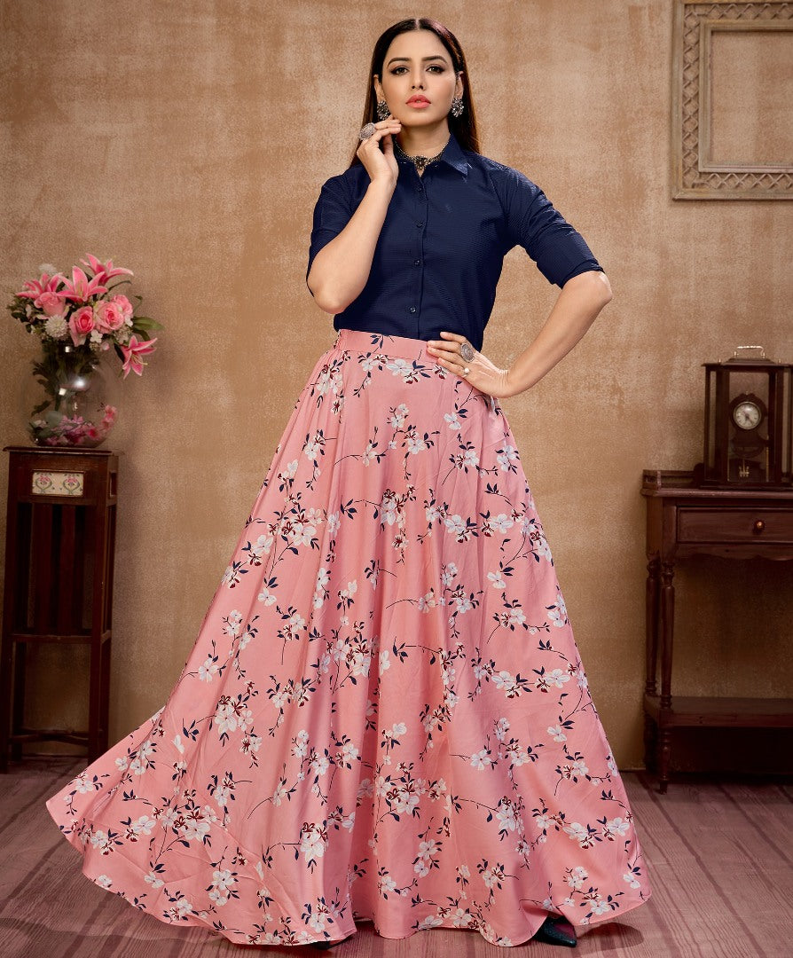 Baby pink silk flower printed occasional wear crop top lehenga