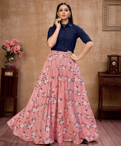 Baby pink silk flower printed occasional wear crop top lehenga