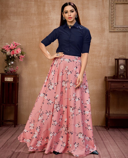 Baby pink silk flower printed occasional wear crop top lehenga