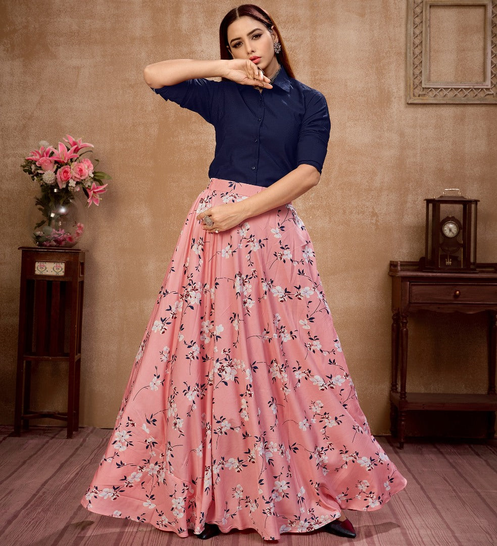 Baby pink silk flower printed occasional wear crop top lehenga