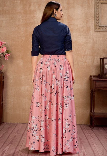 Baby pink silk flower printed occasional wear crop top lehenga