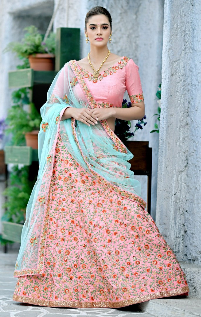 Baby pink silk heavy multi thread embroidery worked wedding lehenga