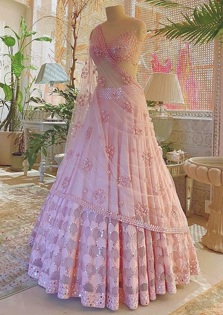 Baby pink silk heavy thread and foil mirror work wedding lehenga choli