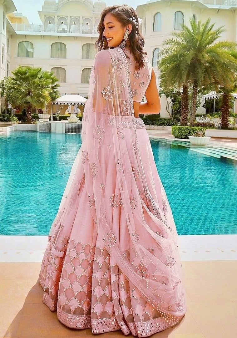 Baby pink silk heavy thread and foil mirror work wedding lehenga choli