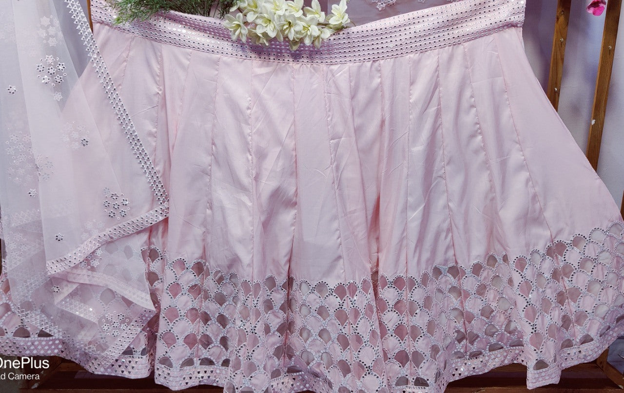 Baby pink silk heavy thread and foil mirror work wedding lehenga choli