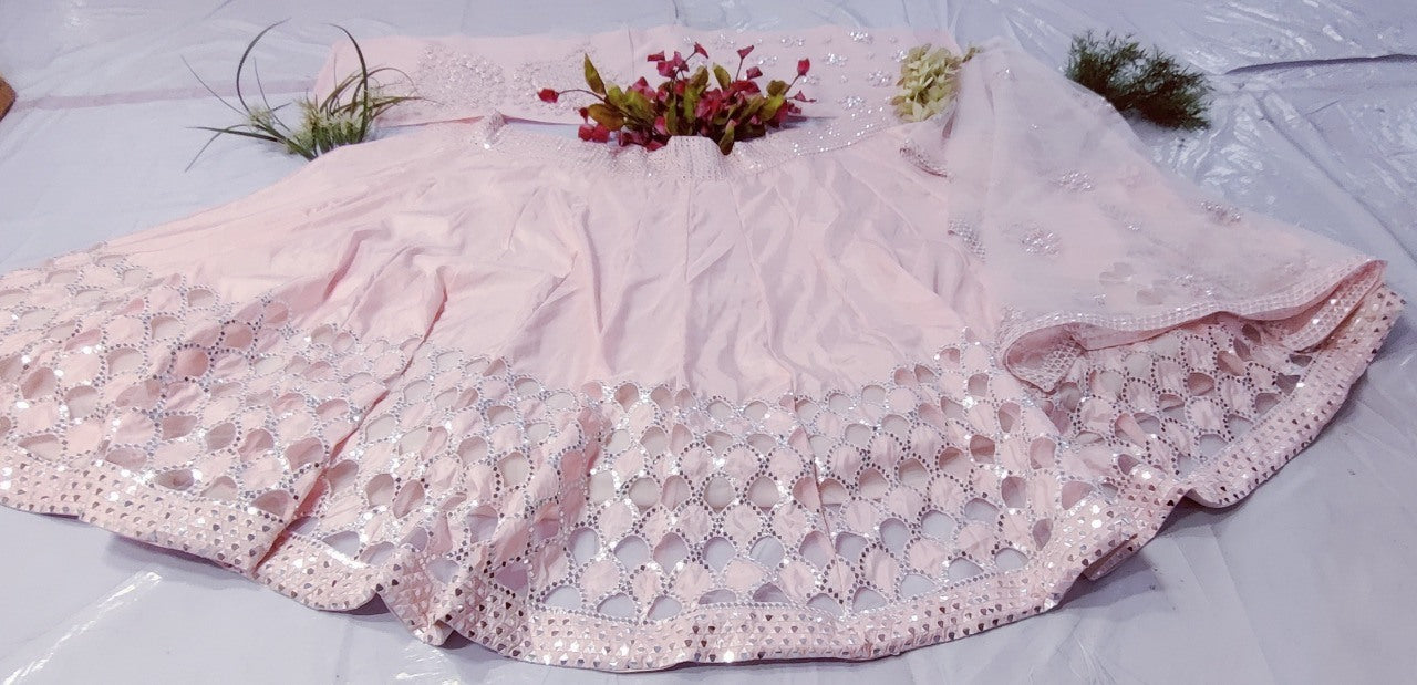 Baby pink silk heavy thread and foil mirror work wedding lehenga choli
