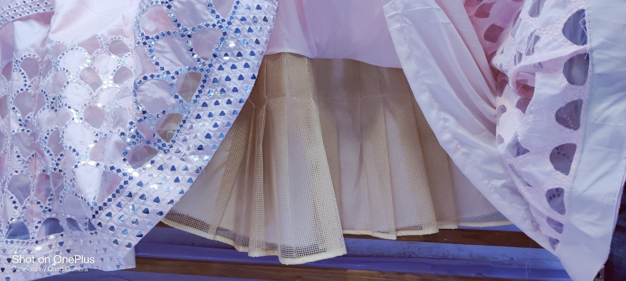 Baby pink silk heavy thread and foil mirror work wedding lehenga choli