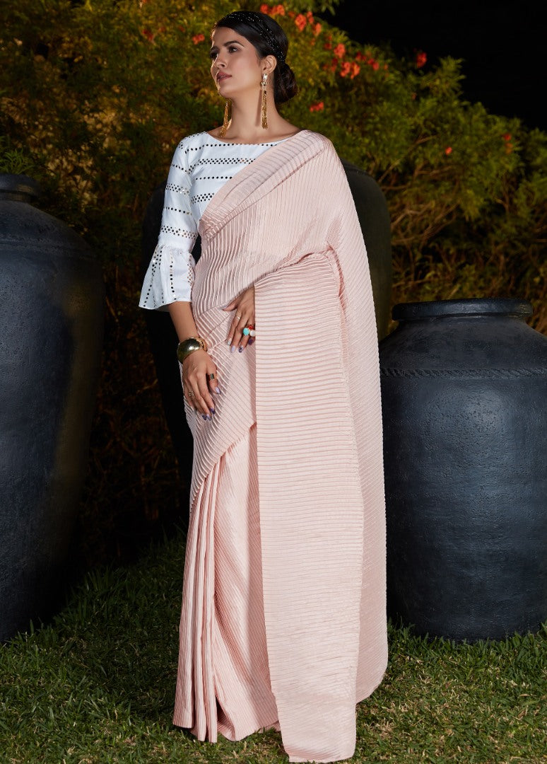 Baby pink silk platting work party wear designer saree