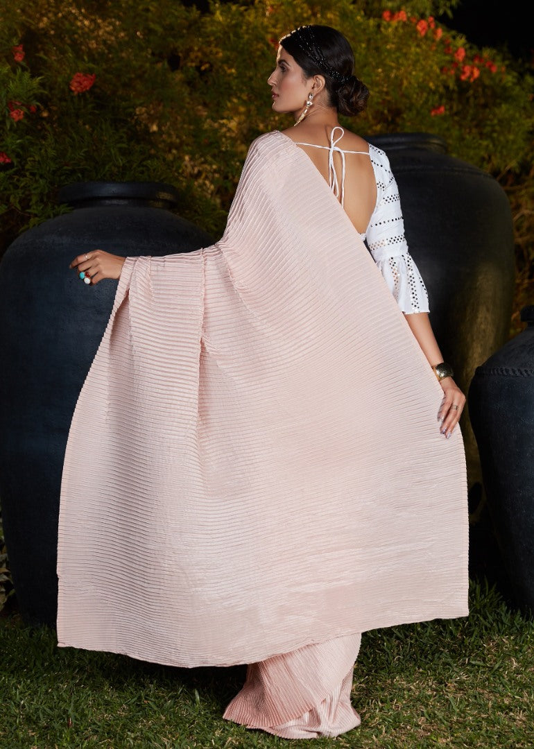 Baby pink silk platting work party wear designer saree