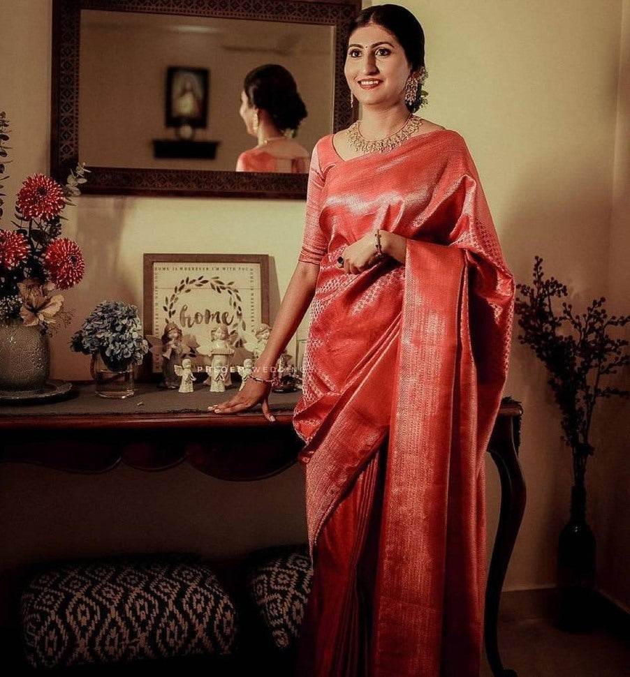 Baby pink soft lichi silk golden zari jacquard weaving work saree