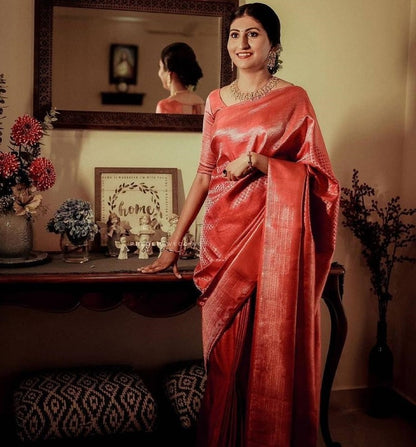 Baby pink soft lichi silk golden zari jacquard weaving work saree