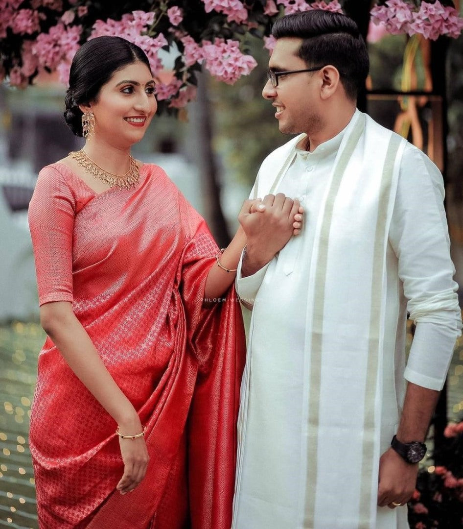 Baby pink soft lichi silk golden zari jacquard weaving work saree