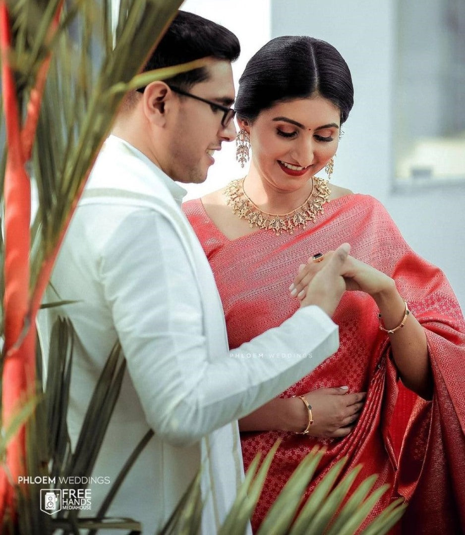 Baby pink soft lichi silk golden zari jacquard weaving work saree