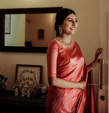 Baby pink soft lichi silk golden zari jacquard weaving work saree