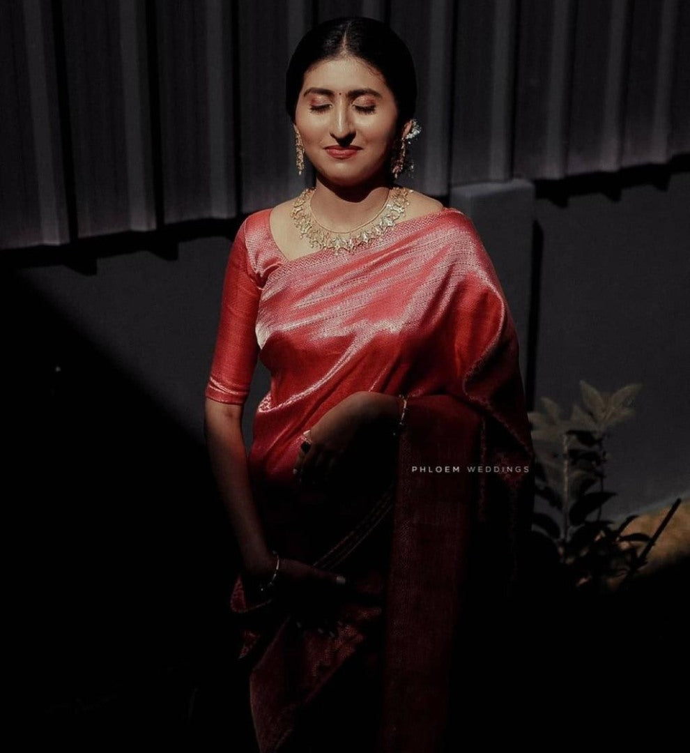 Baby pink soft lichi silk golden zari jacquard weaving work saree