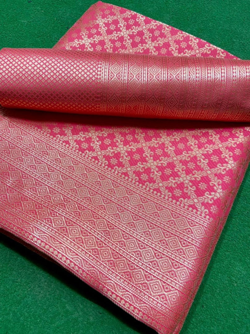 Baby pink soft lichi silk golden zari jacquard weaving work saree