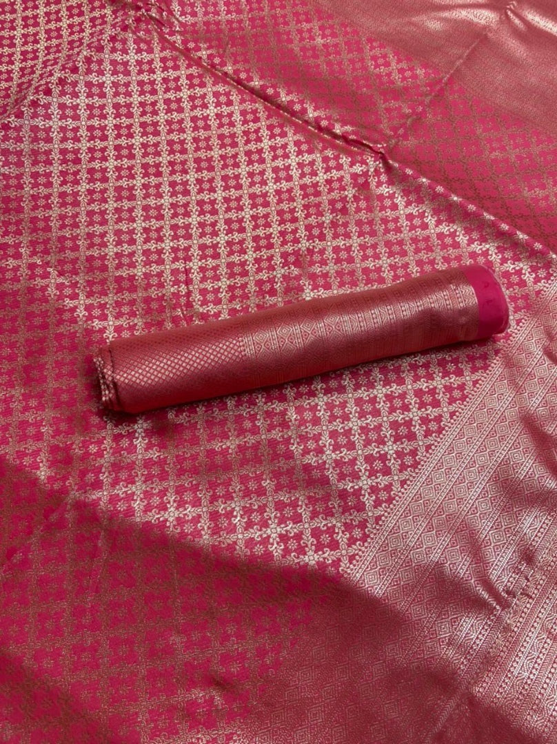 Baby pink soft lichi silk golden zari jacquard weaving work saree