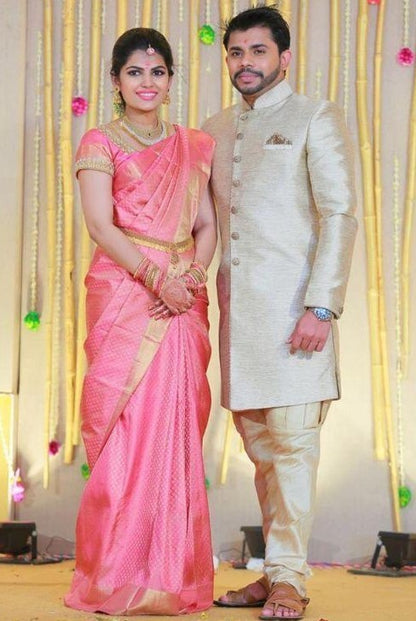 Baby pink soft lichi silk jacquard weaving work saree