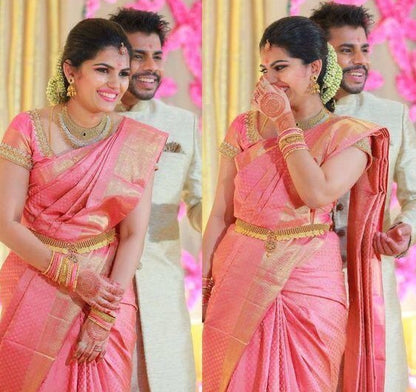 Baby pink soft lichi silk jacquard weaving work saree