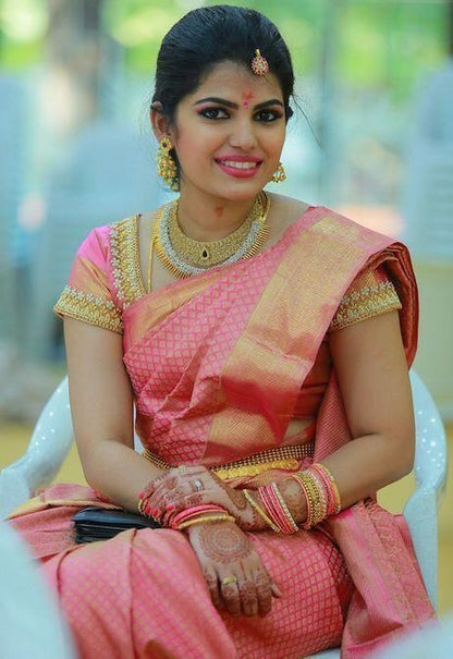 Baby pink soft lichi silk jacquard weaving work saree