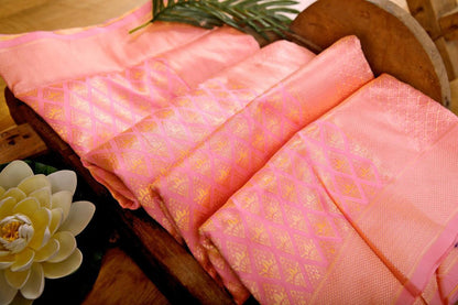 Baby pink soft lichi silk jacquard weaving work saree