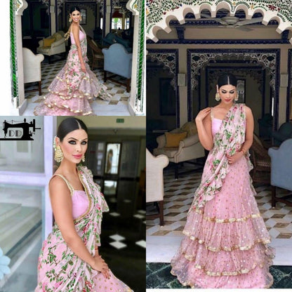 baby pink soft net ceremonial lehengha choli with printed dupatta