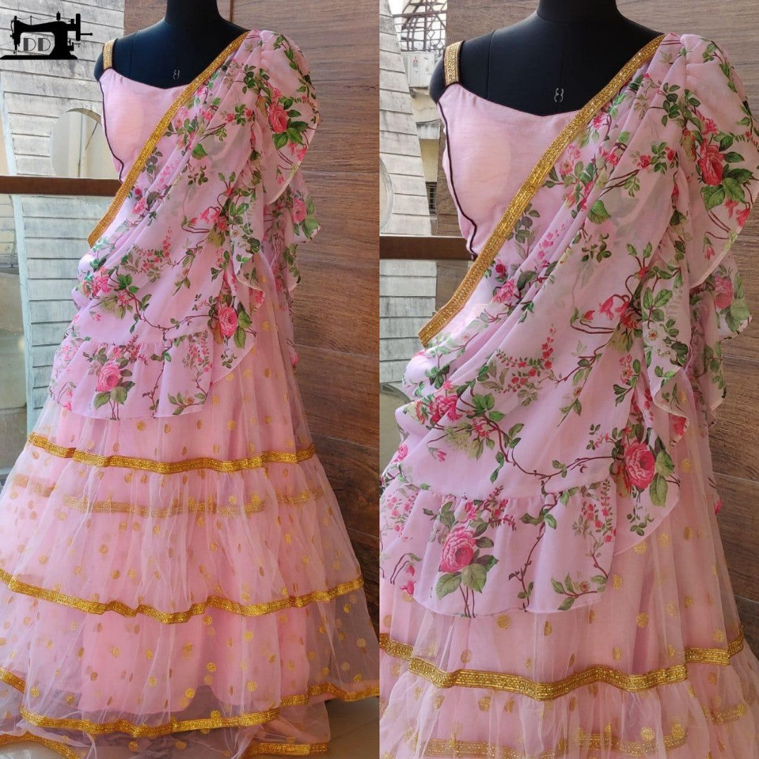 baby pink soft net ceremonial lehengha choli with printed dupatta