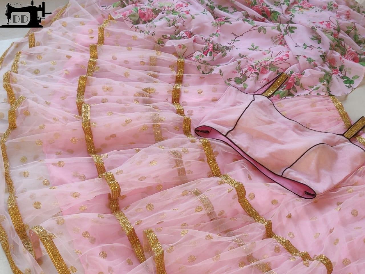 baby pink soft net ceremonial lehengha choli with printed dupatta