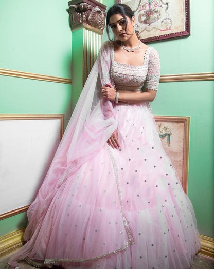 Baby pink soft net sequence embroidered ceremonial lehenga choli