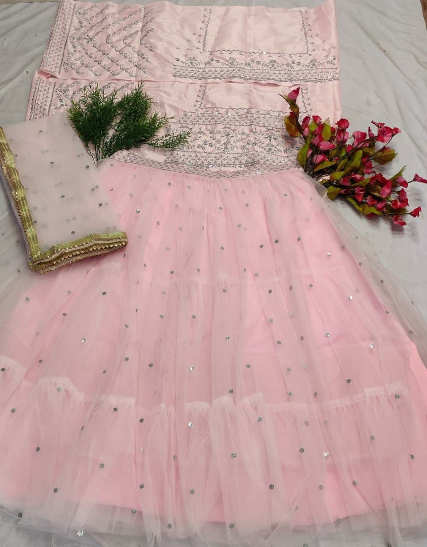 Baby pink soft net sequence embroidered ceremonial lehenga choli