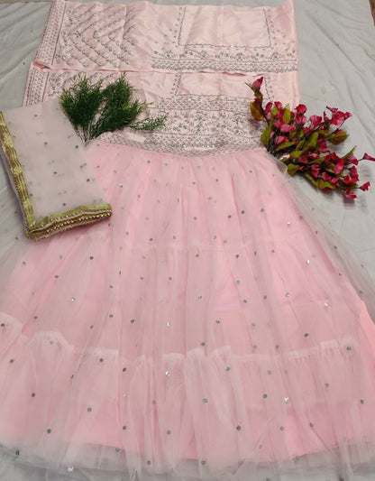 Baby pink soft net sequence embroidered ceremonial lehenga choli