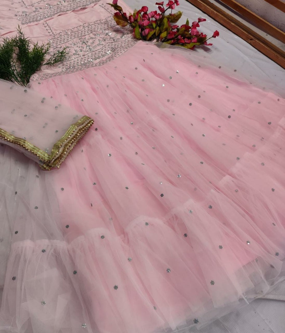 Baby pink soft net sequence embroidered ceremonial lehenga choli