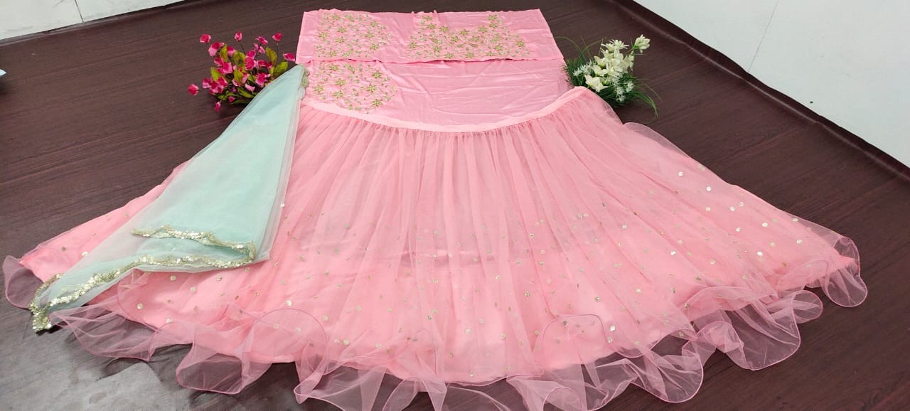 Baby pink soft net sequin embroidery work lehenga choli