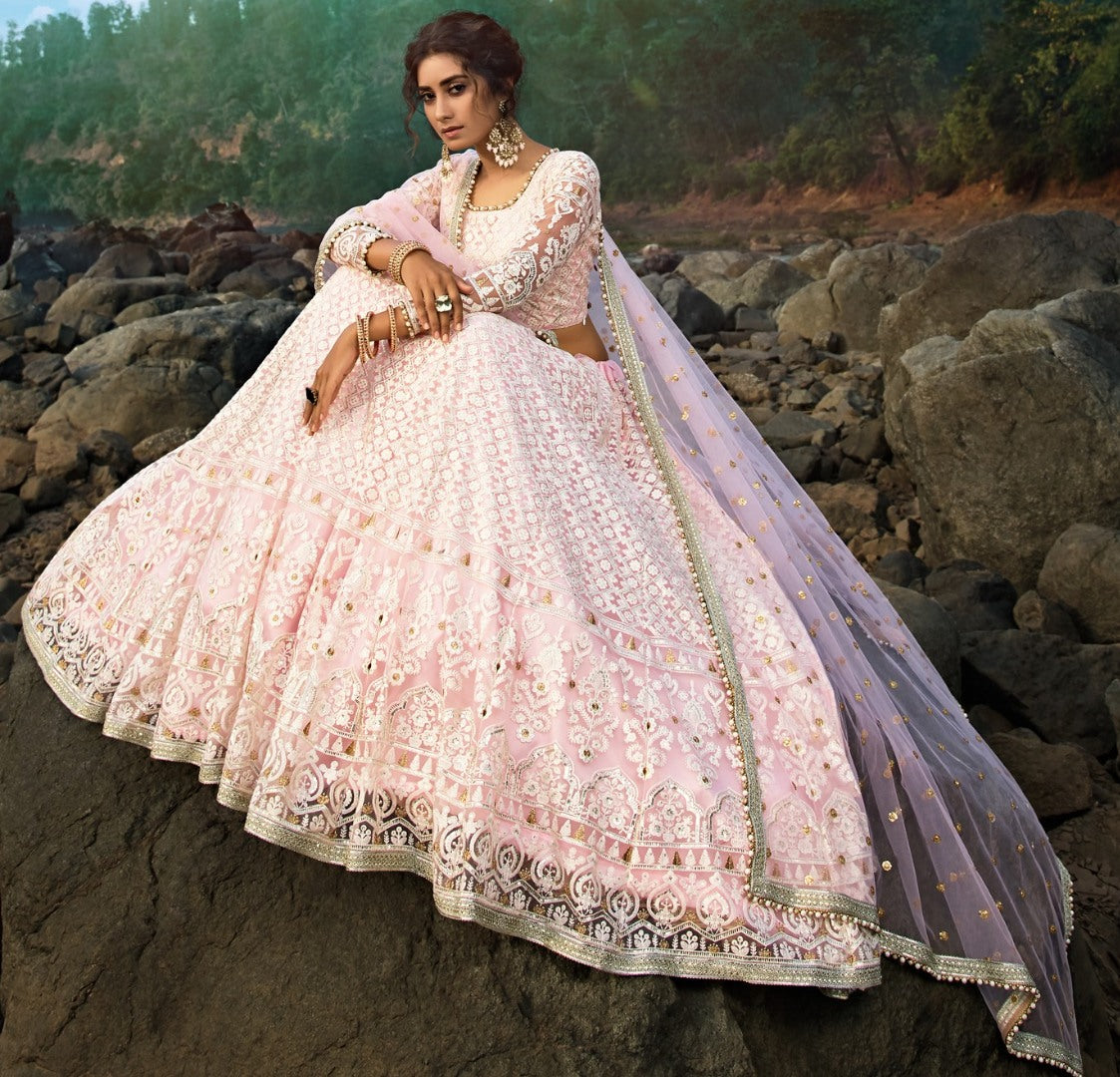 Baby pink soft net thread sequence work bridal lehenga choli