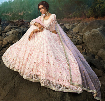 Baby pink soft net thread sequence work bridal lehenga choli