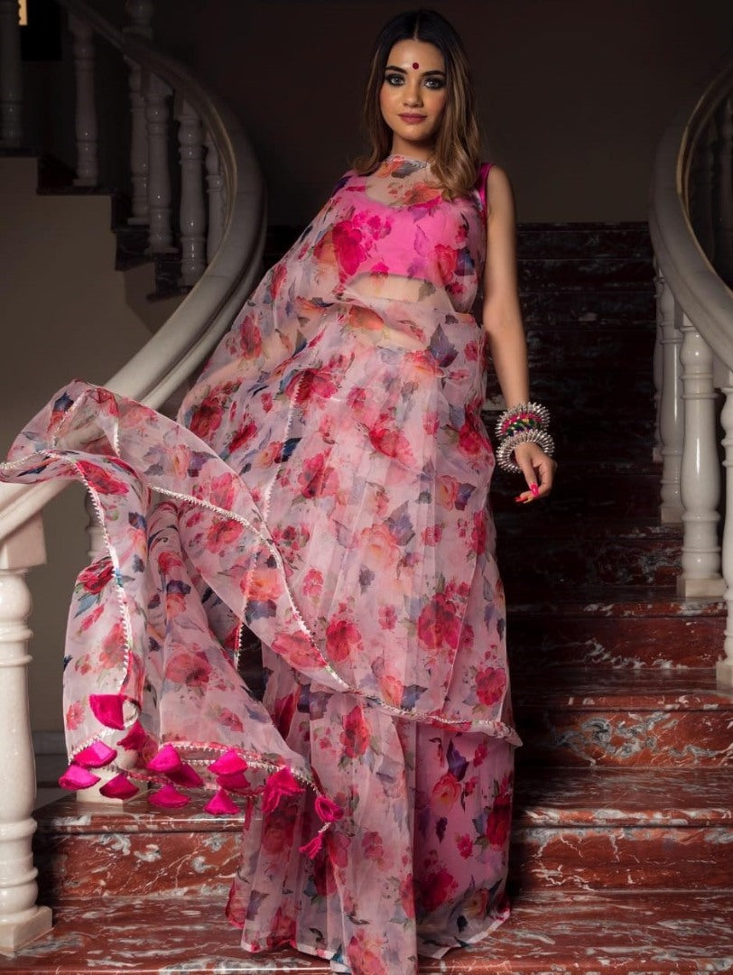 Baby pink soft organza silk floral printed work saree