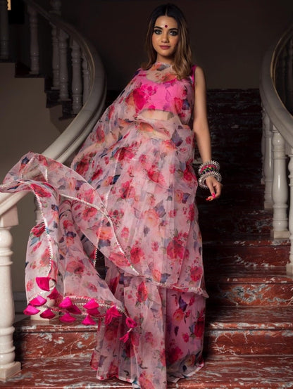 Baby pink soft organza silk floral printed work saree