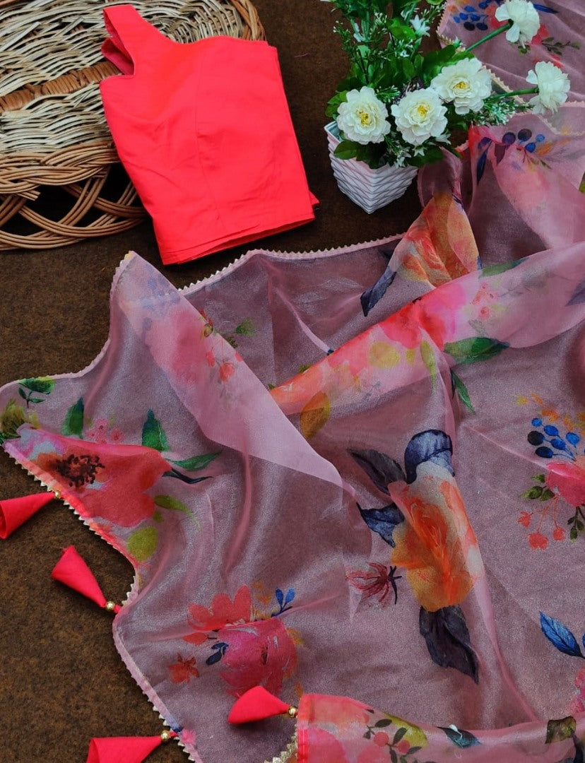 Baby pink soft organza silk floral printed work saree