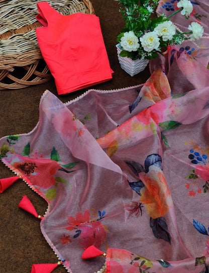 Baby pink soft organza silk floral printed work saree