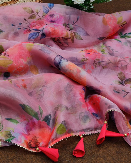 Baby pink soft organza silk floral printed work saree