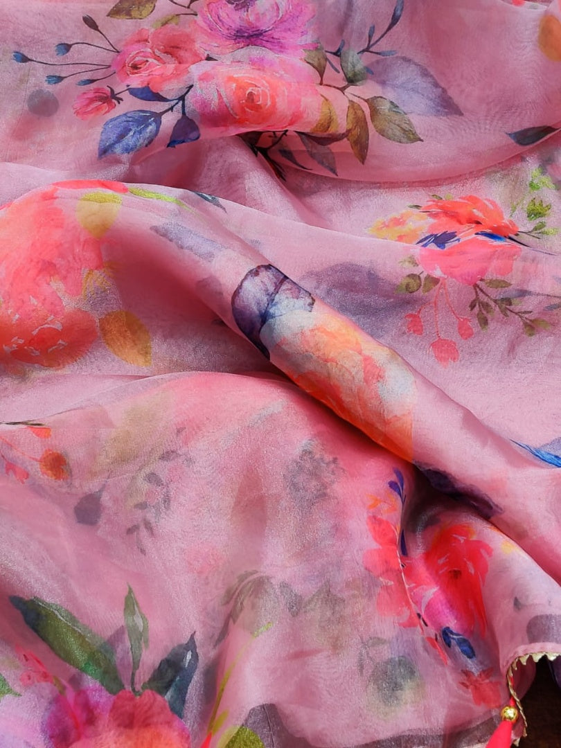 Baby pink soft organza silk floral printed work saree