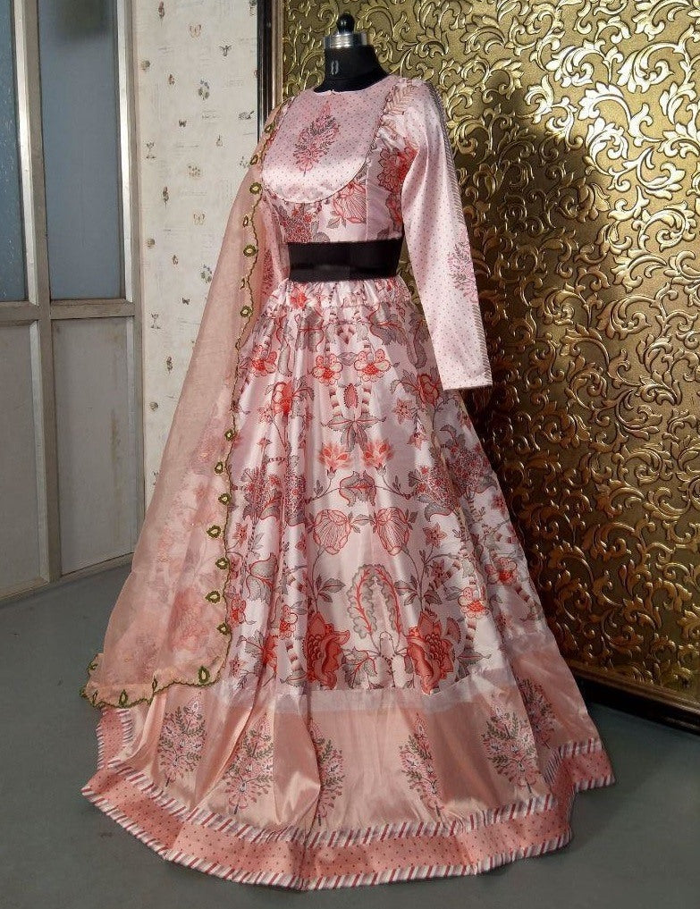 Baby pink taffeta silk digital printed lehenga choli