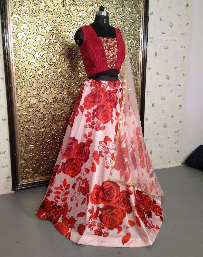 Baby pink taffeta silk red rose printed lehenga choli