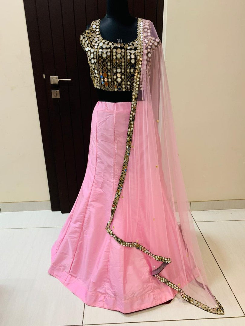 Baby pink tapeta silk ceremonial lehenga with mirror work choli